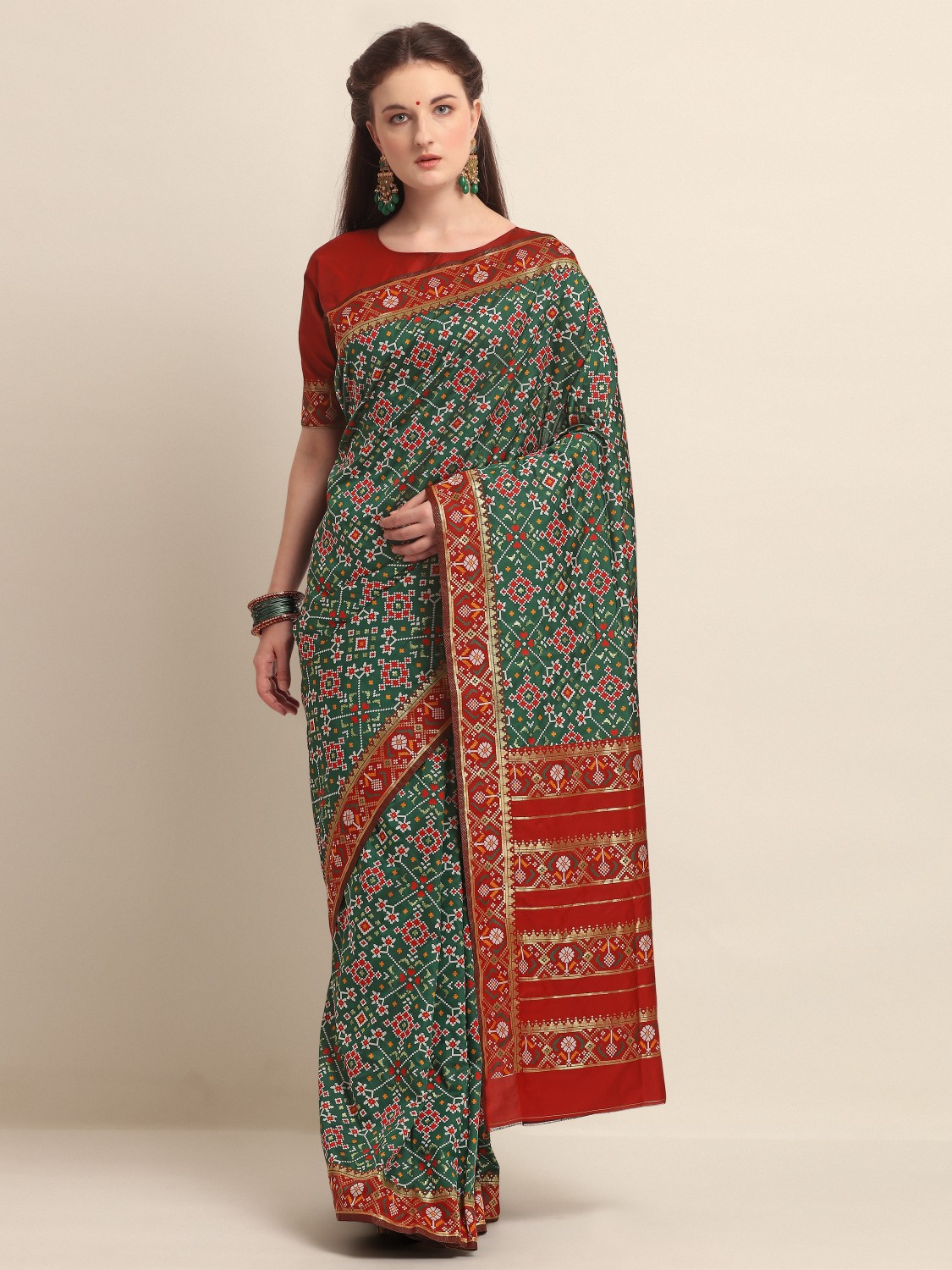 KAPAAHA Woven Navratan Patola Saree (Dark Green)